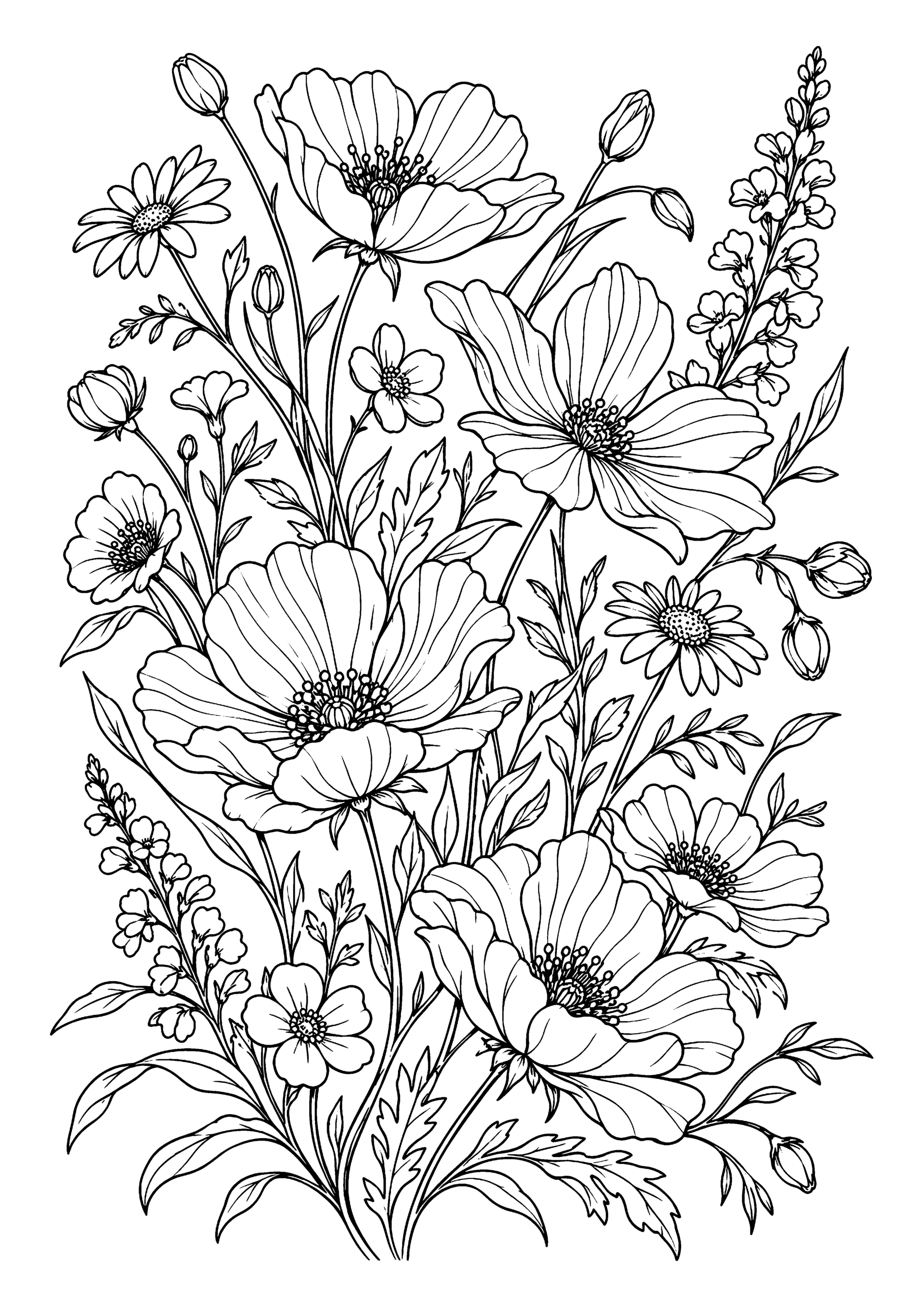 Black-and-white coloring page of flowing wildflowers form a light and relaxing meadow-inspired composition.