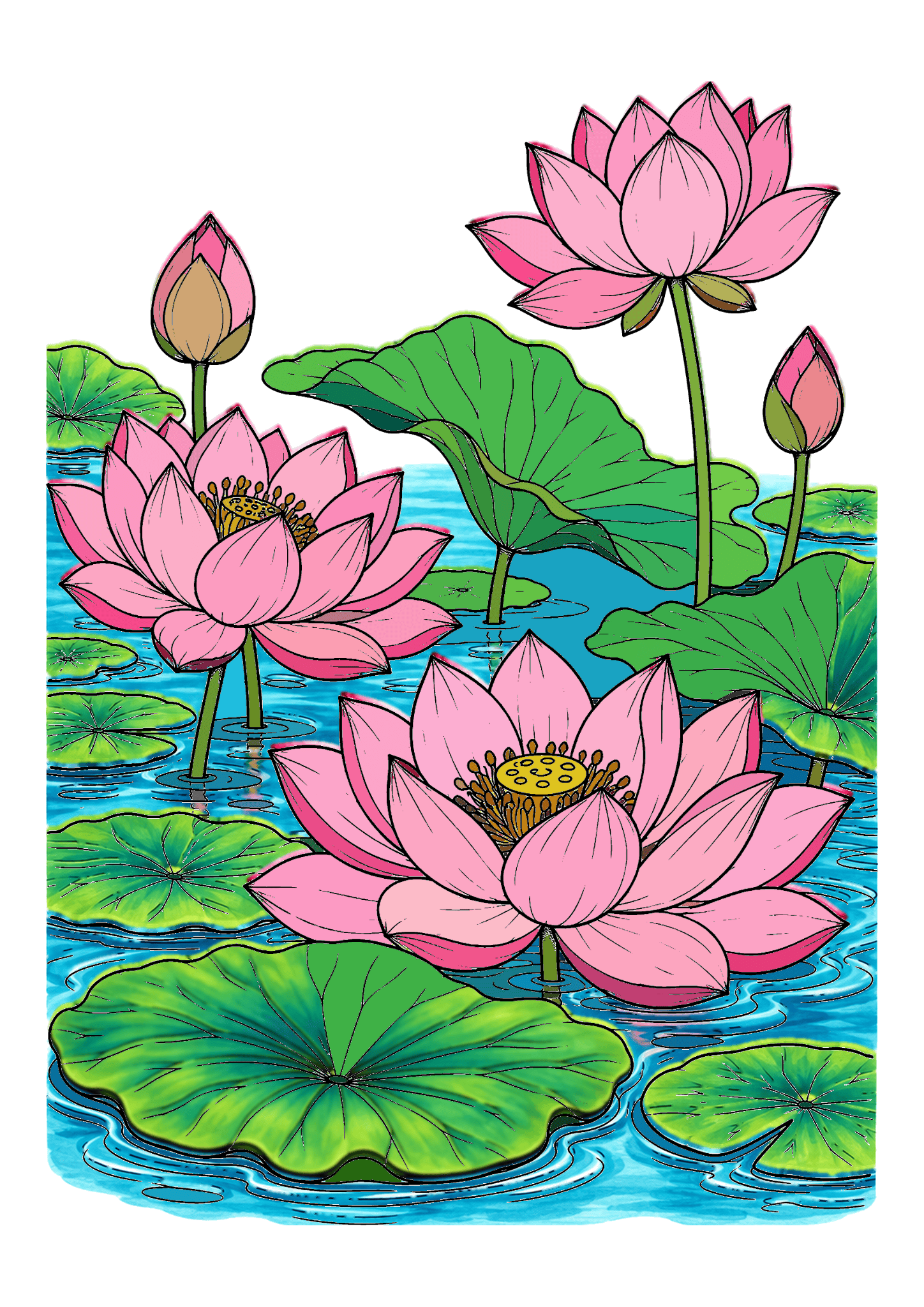Pink lotus blossoms and buds rise above green lily pads in a turquoise pond.