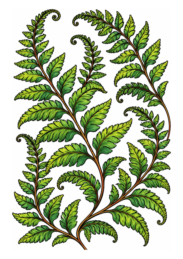 Overlapping fern fronds in varied emerald, olive, and lime greens curl upward on white.