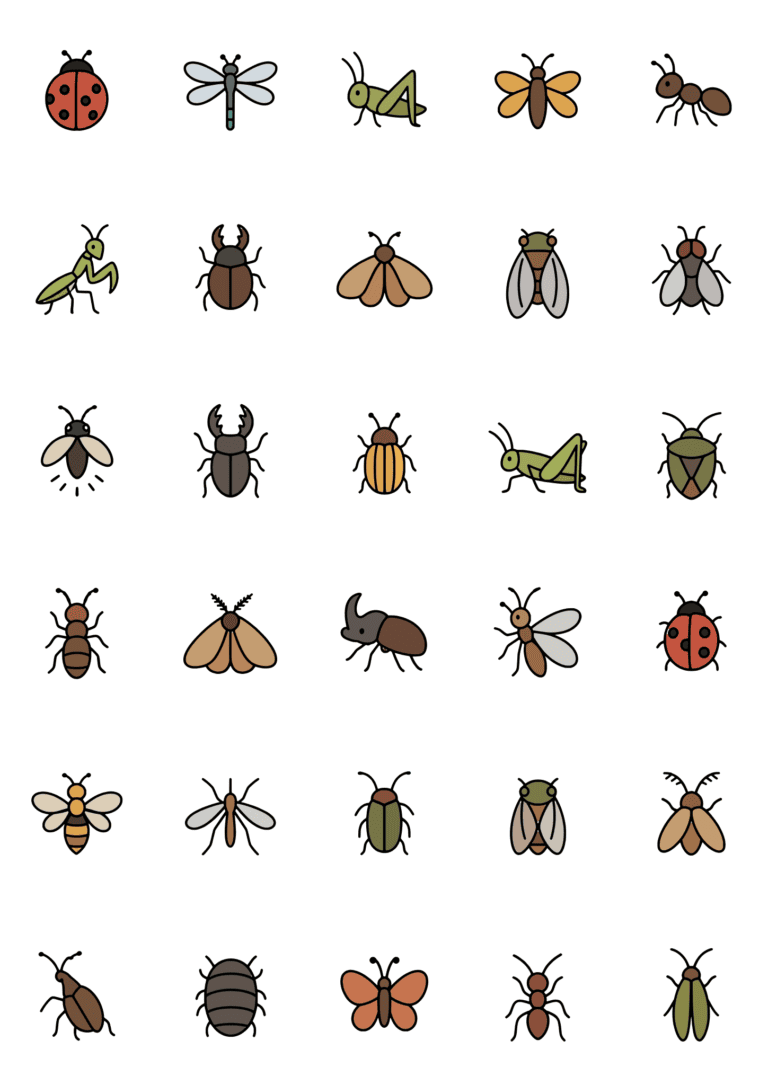 Colored example of the insect tiny tattoo sheet, with 30 motifs in six rows and a palette of red, green.