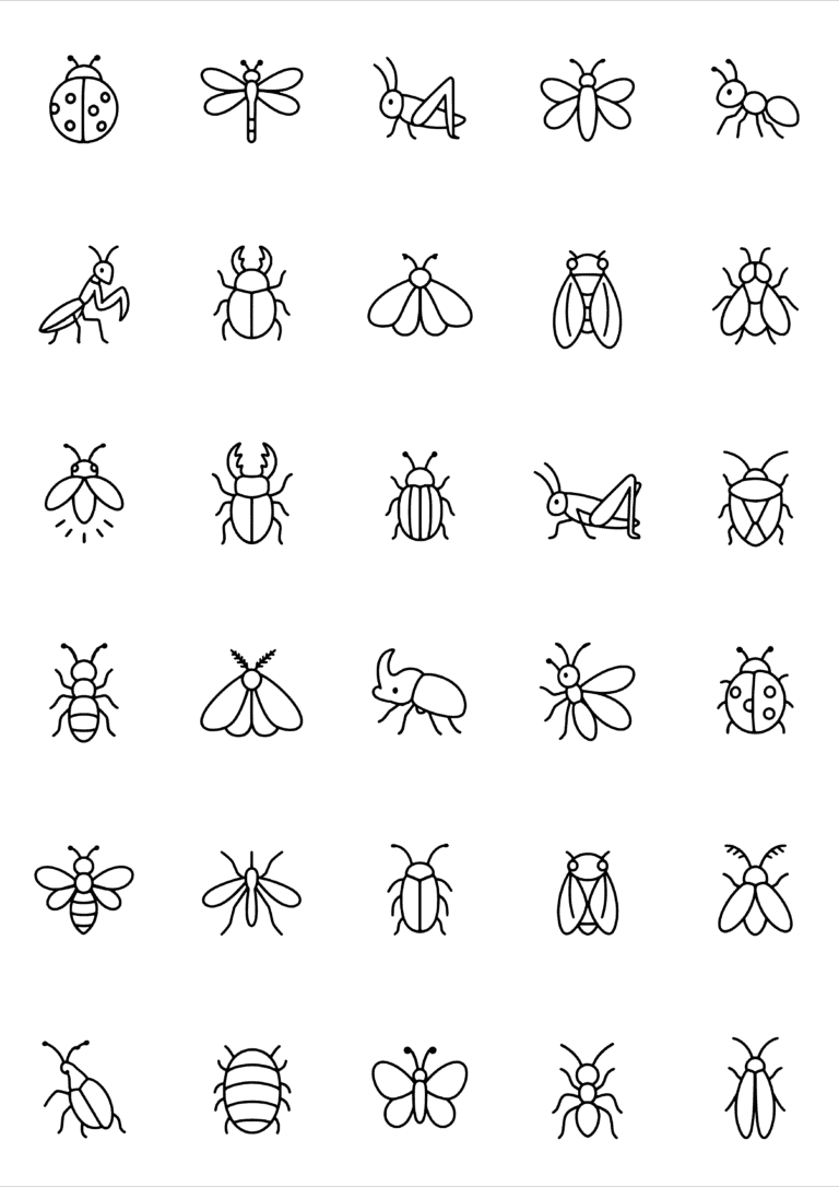 Black-and-white coloring and tiny tattoo sheet with 30 separate designs: ladybirds, dragonflies, grasshoppers, butterflies, beetles and other tiny insects.