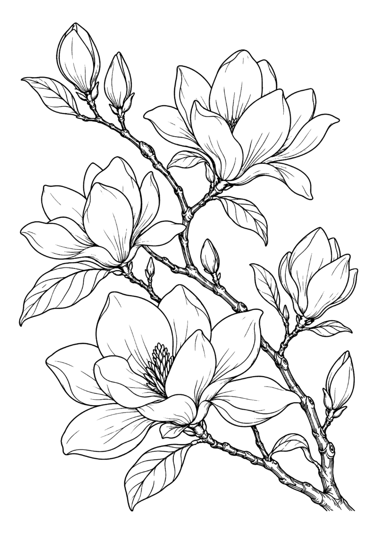 Black-and-white coloring page of magnolia branches sweep naturally across the page with generous coloring areas.