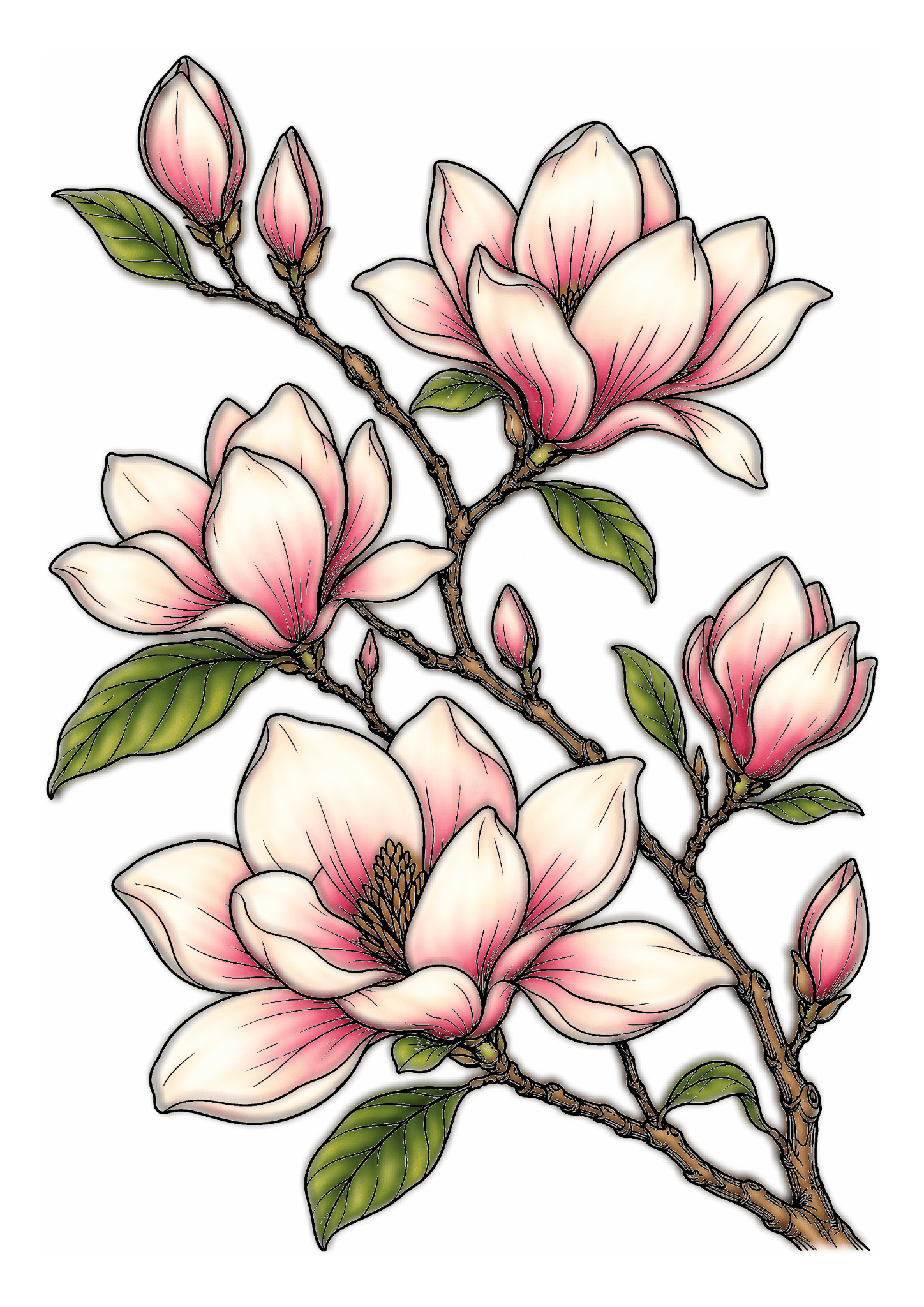 Ivory magnolia blossoms with pink-tipped petals and buds grow along a branching stem with green leaves.
