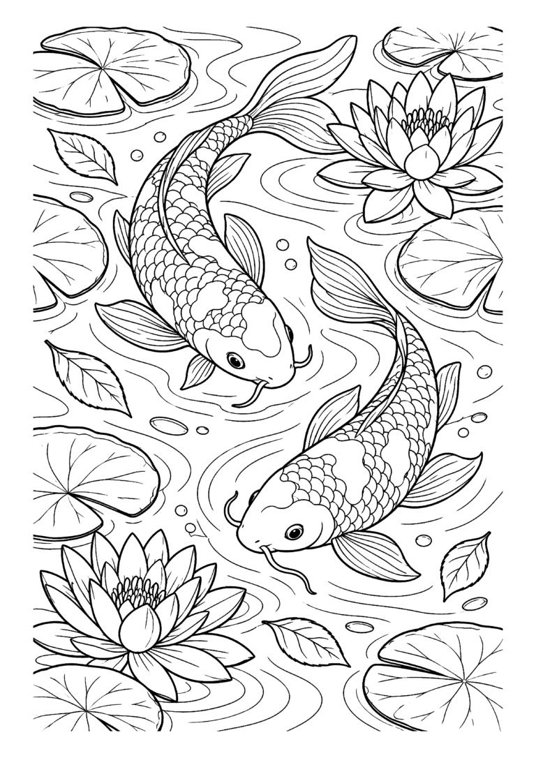 Black-and-white coloring page of two koi fish swimming among lotus blossoms and lily pads.