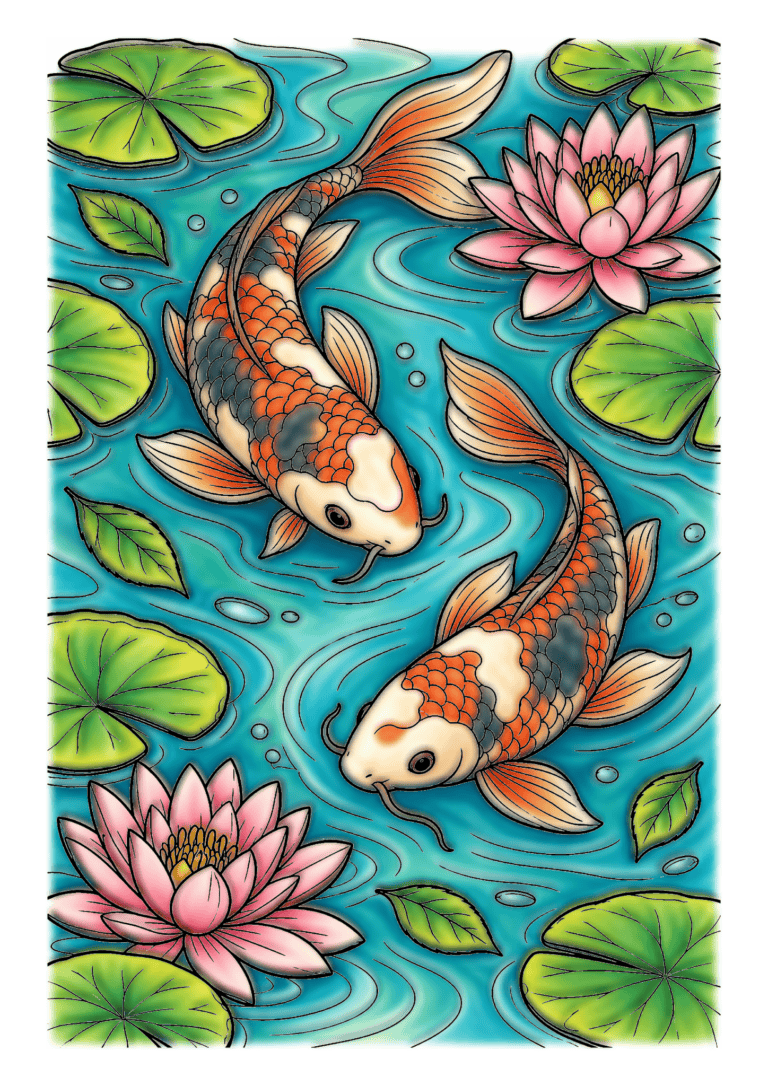 Two orange, black, and white koi swim through teal water among lily pads and pink lotus flowers.