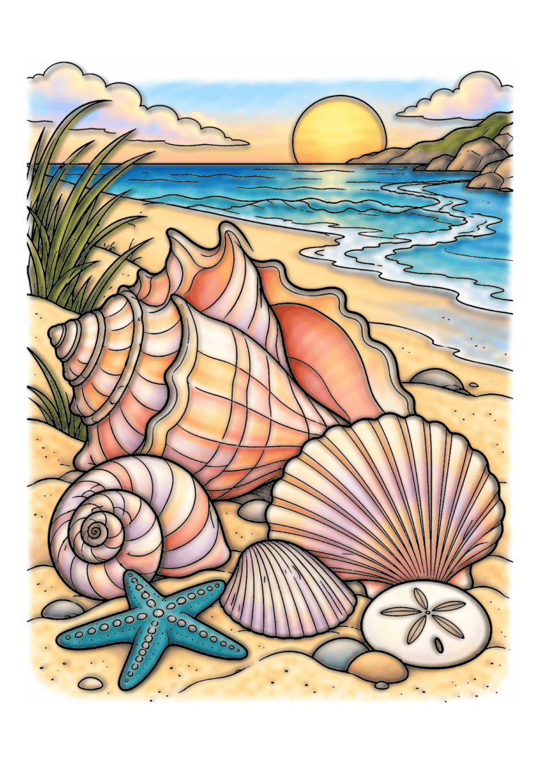 Large peach and cream seashells and a turquoise starfish rest on sand beside a calm sunset sea.