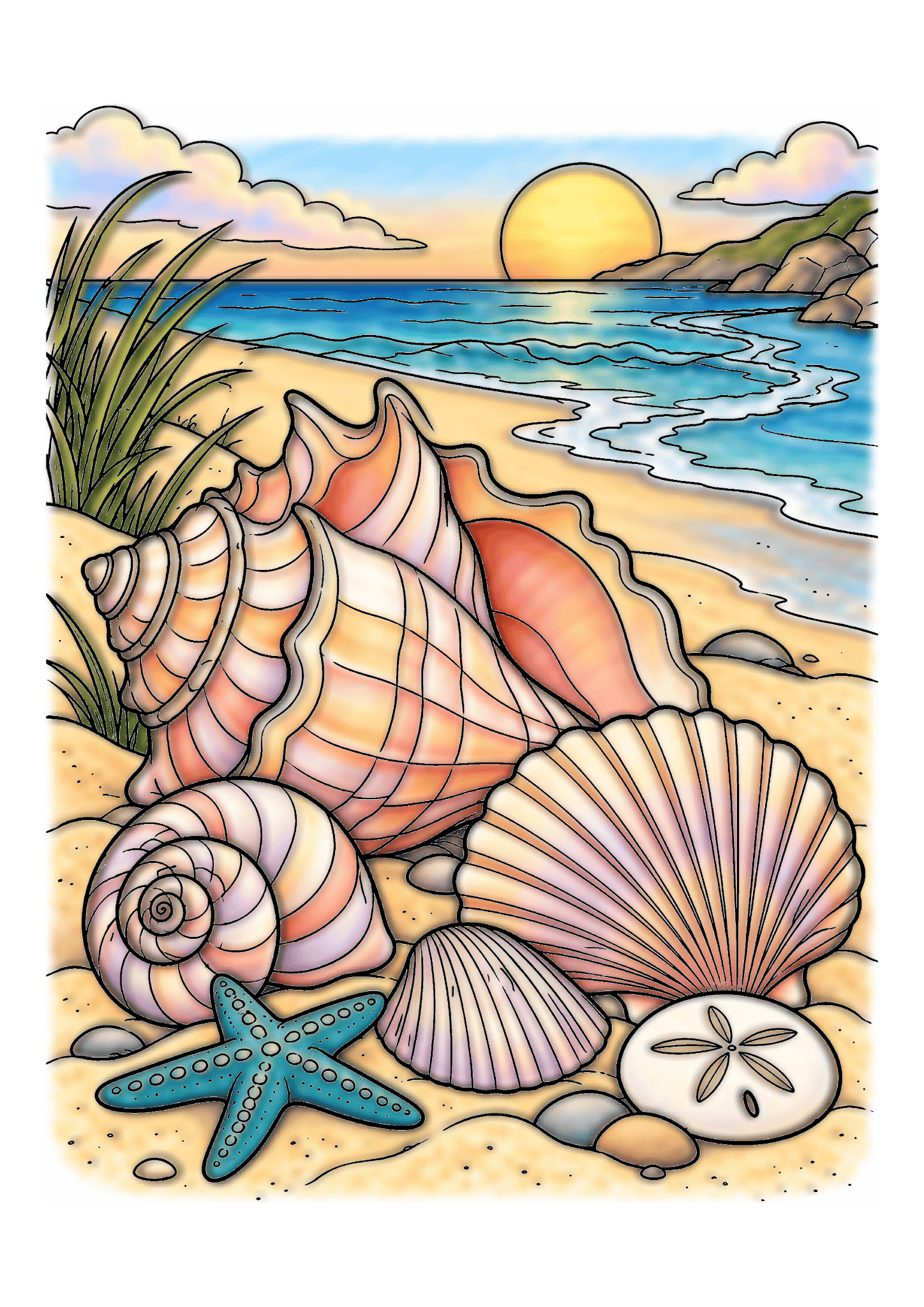 Large peach and cream seashells and a turquoise starfish rest on sand beside a calm sunset sea.
