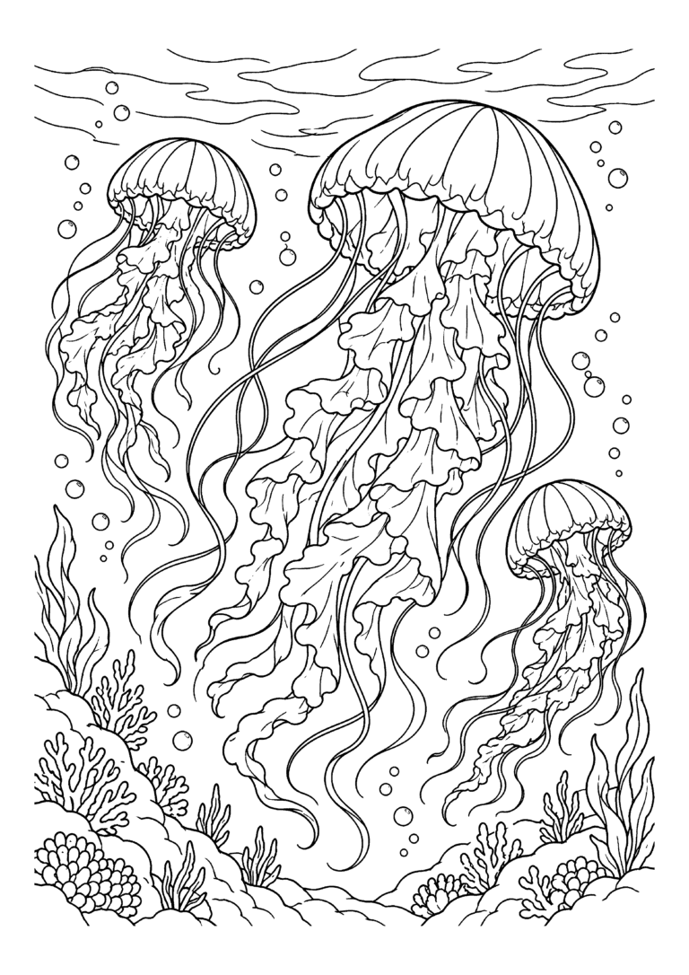 Black-and-white coloring page of jellyfish with flowing tentacles swimming above coral and sea plants.