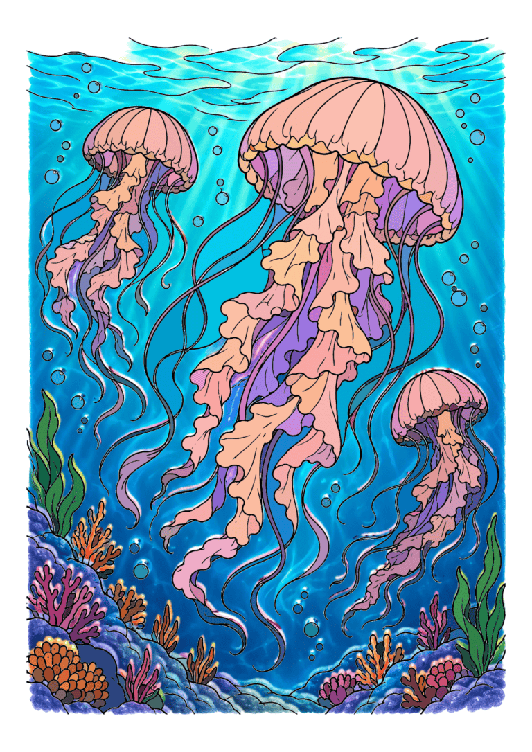 Pink, lavender, and green jellyfish trail long tentacles through blue water above colorful coral.