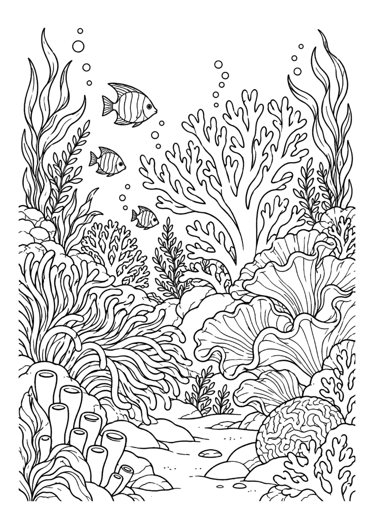 Black-and-white coloring page of an underwater coral garden with branching corals, tropical fish and sea plants.