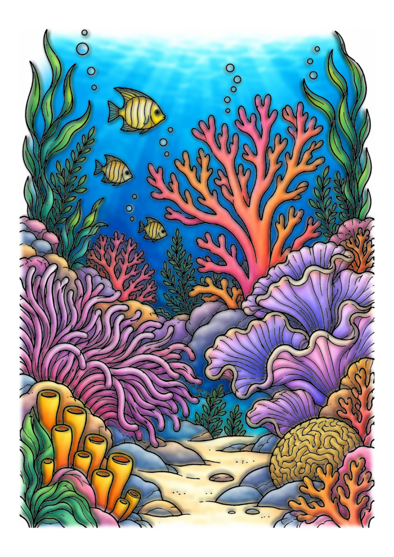 Small striped fish swim past orange branching coral, purple anemones, and sea plants in blue water.