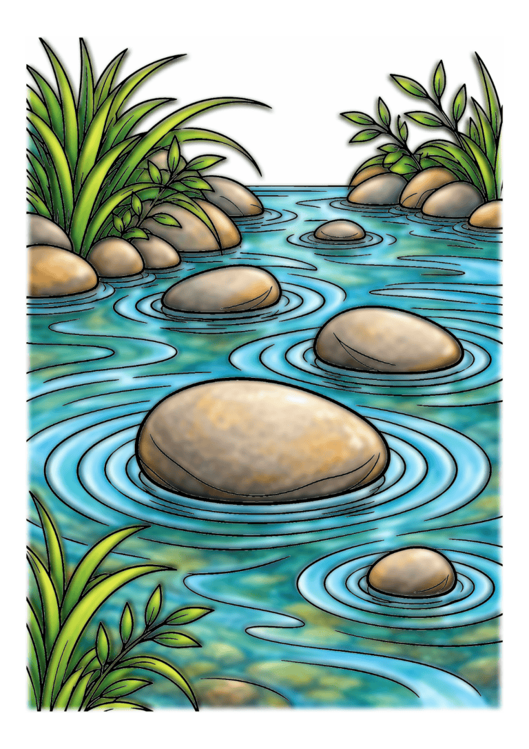 Smooth gray and tan stones interrupt turquoise water with concentric ripples beside green reeds.