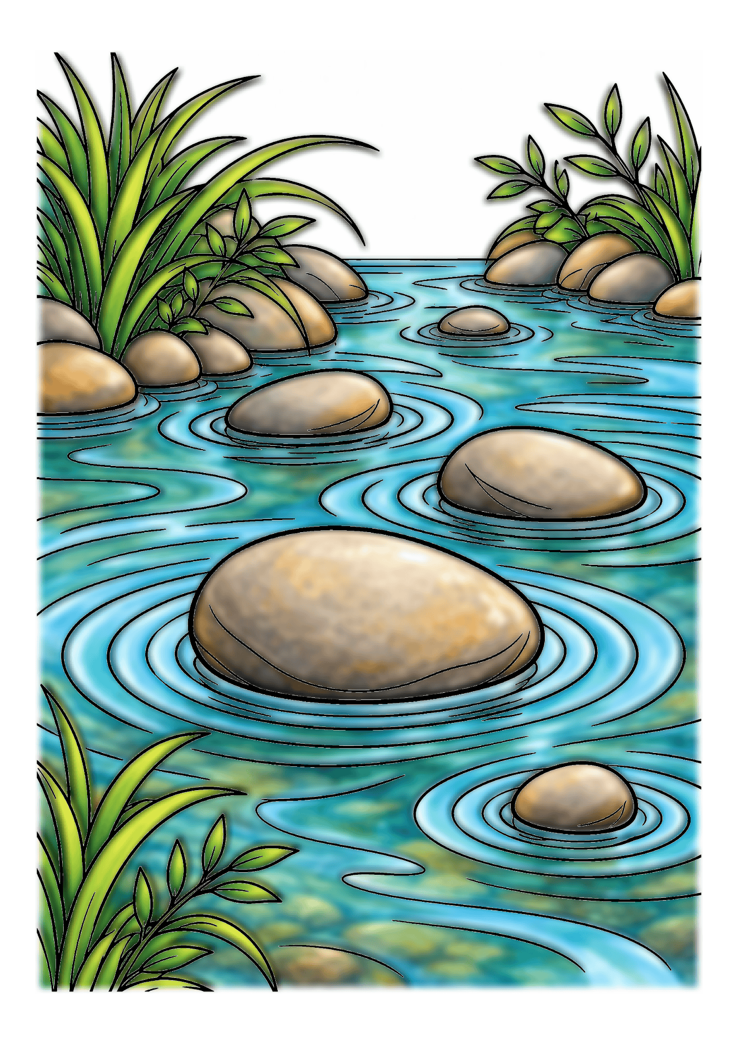 Smooth gray and tan stones interrupt turquoise water with concentric ripples beside green reeds.
