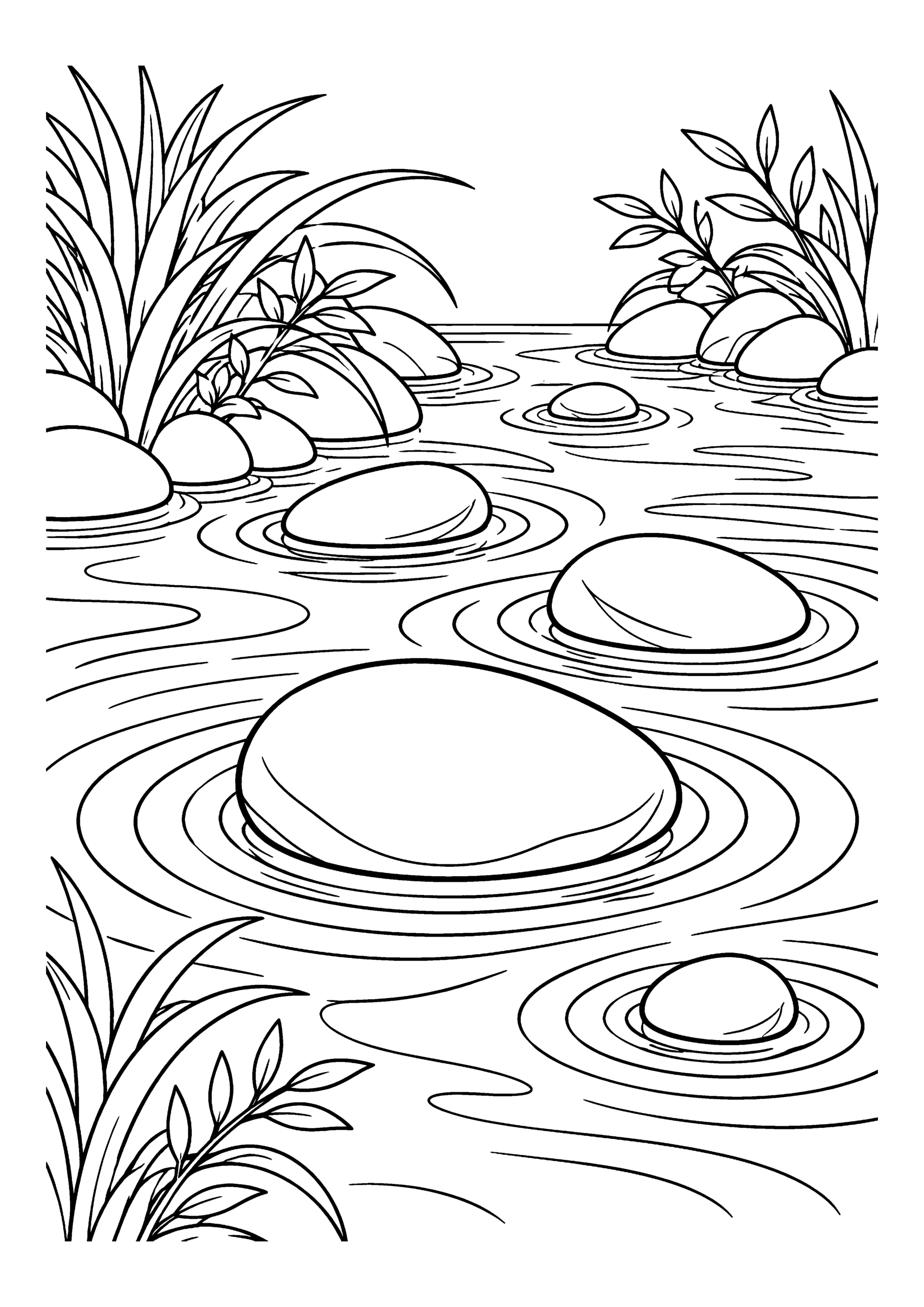 Black-and-white coloring page of smooth pebbles in flowing shallow water surrounded by riverbank plants.