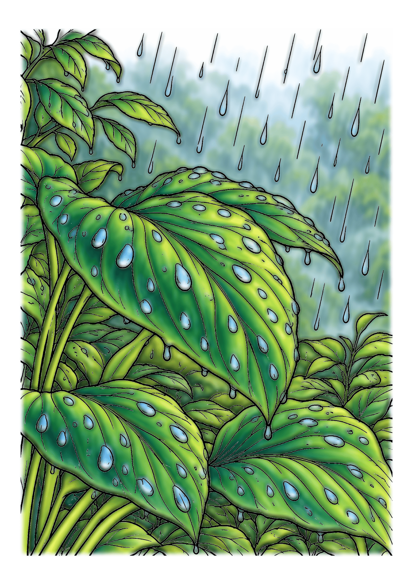Blue raindrops bead on broad green tropical leaves beneath a rainy, misty sky.