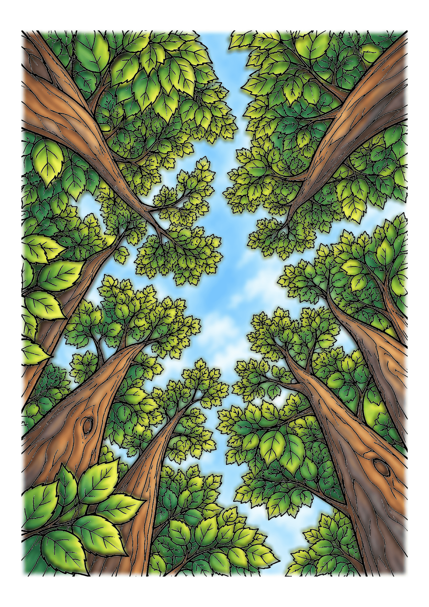 Tall brown trunks and layered green tree canopies frame a patch of blue sky viewed from below.
