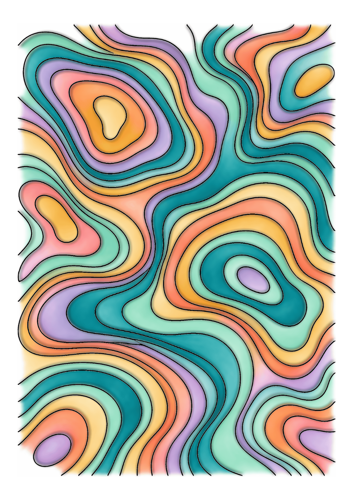 Winding topographic bands of teal, coral, lavender, and warm yellow make an abstract flowing pattern.