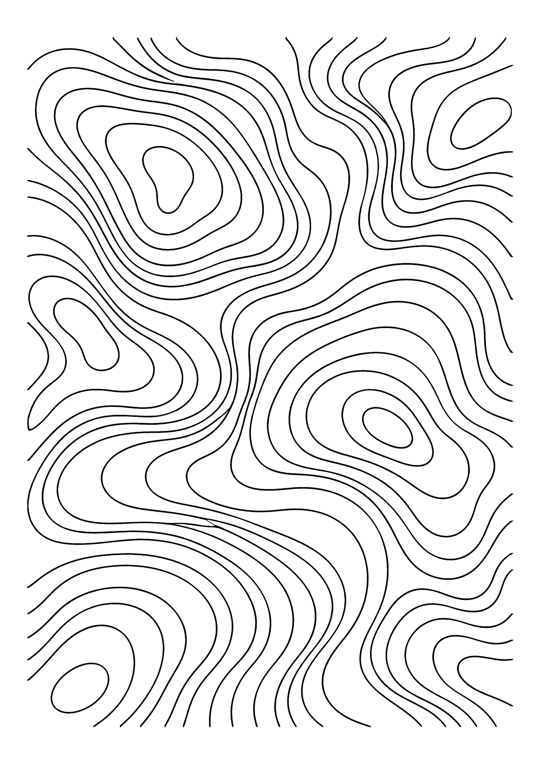Black-and-white coloring page of a dense abstract pattern of flowing contour lines resembling a topographic map.