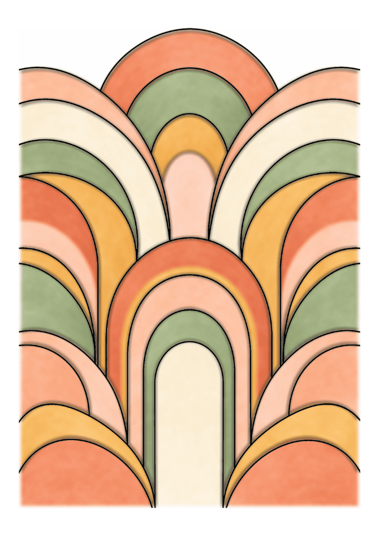 Layered arches in terracotta, sage, peach, ochre, and cream form a symmetrical abstract pattern.