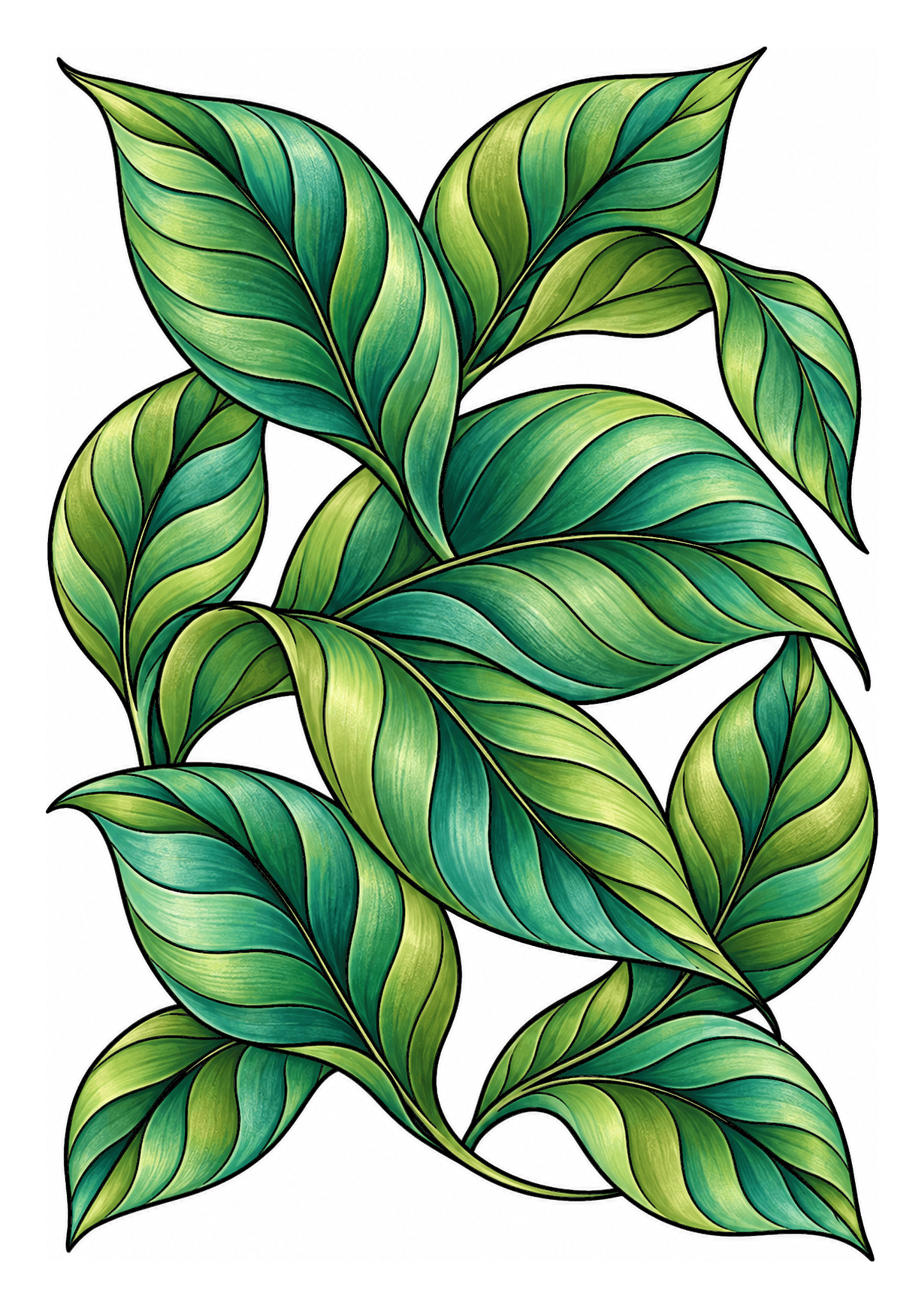 Overlapping green leaves with shaded veins fill a botanical composition on a white background.