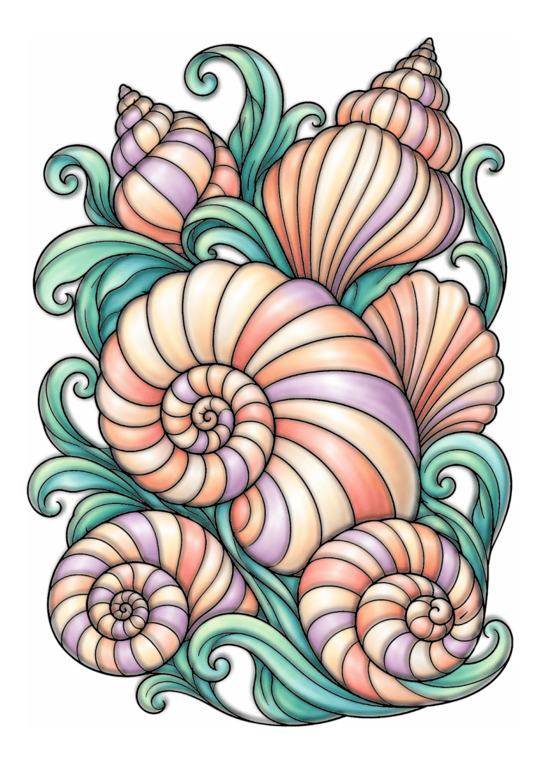 Peach and ivory spiral seashells cluster with smaller shells and teal curling sea plants.