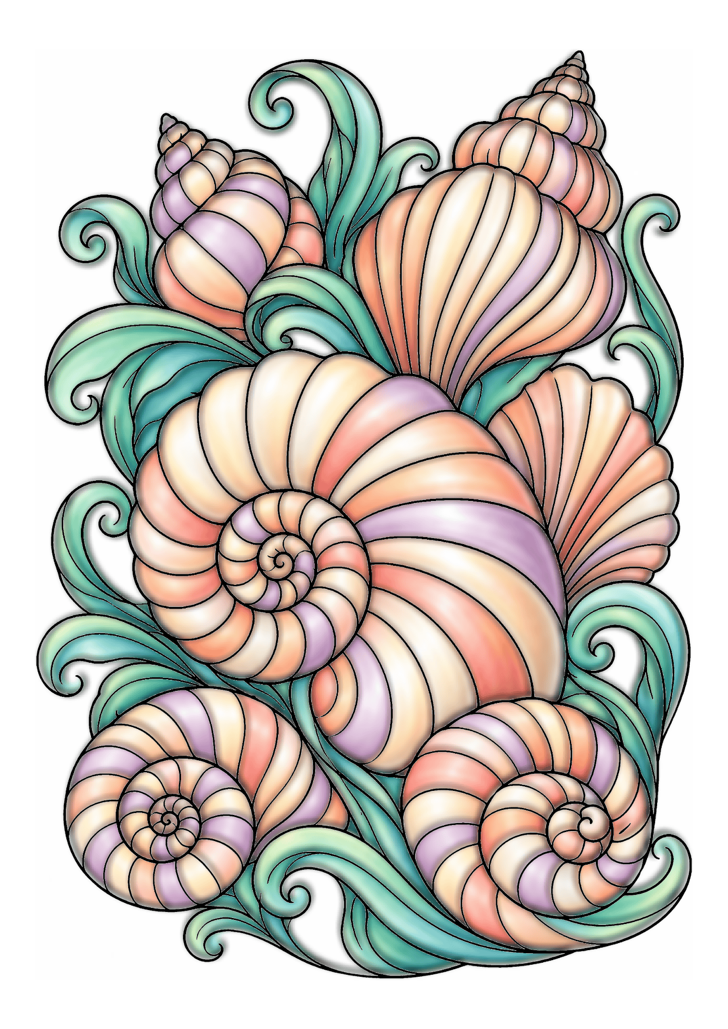 Peach and ivory spiral seashells cluster with smaller shells and teal curling sea plants.