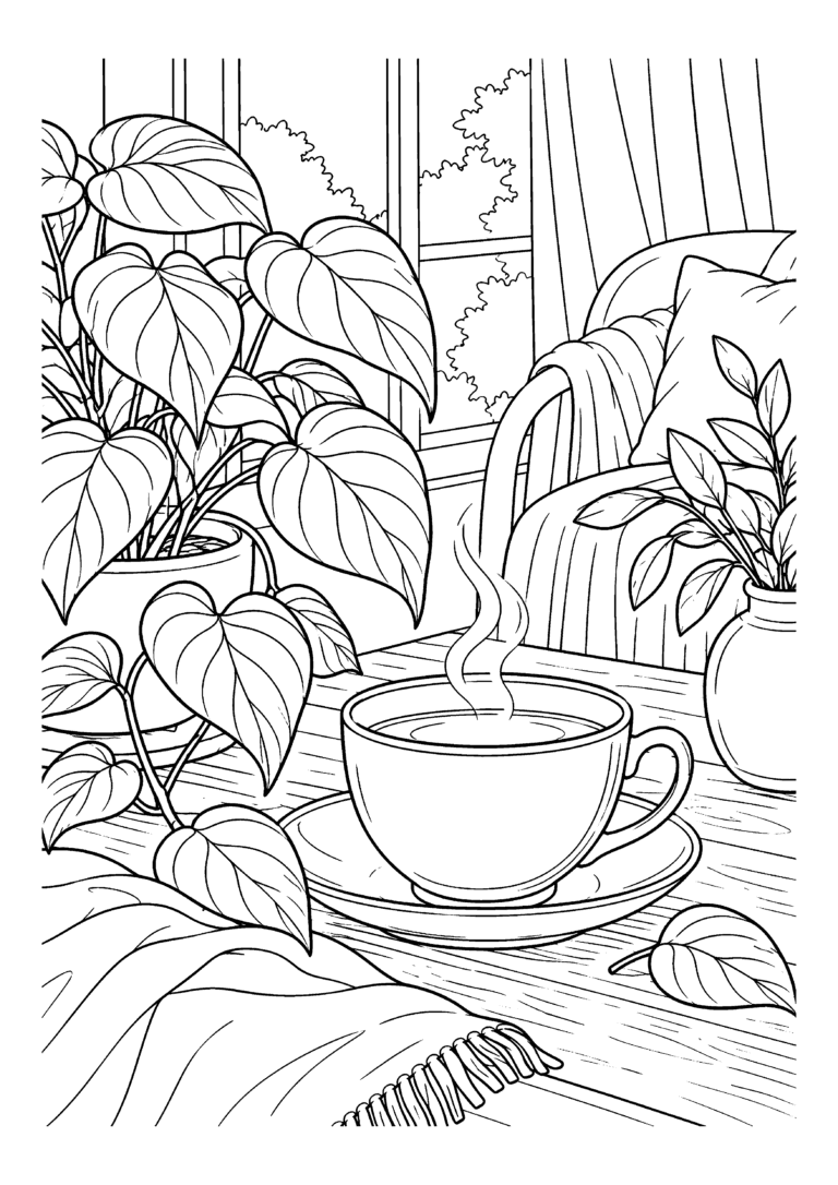 Black-and-white coloring page of a steaming teacup on a wooden table surrounded by leafy houseplants.