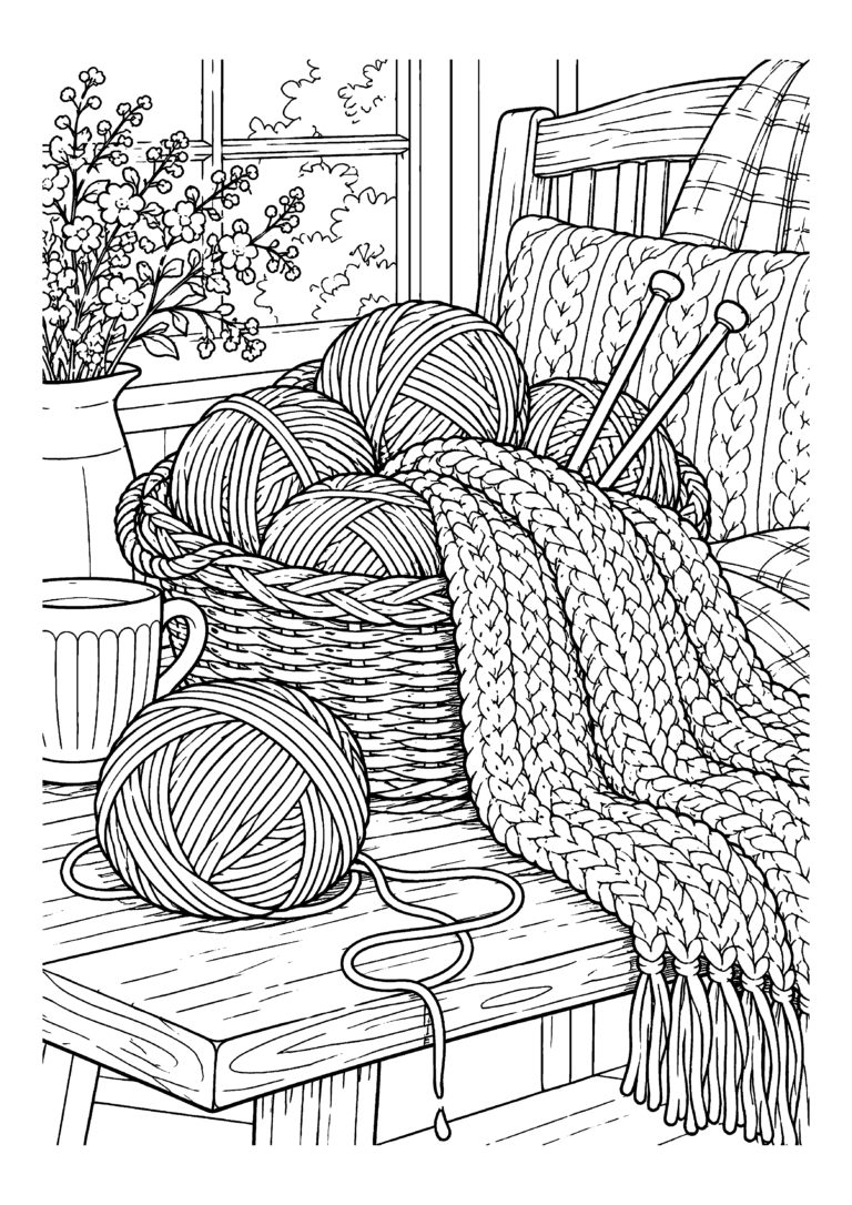 Black-and-white coloring page of balls of yarn, knitting needles and a knitted blanket in a cozy corner.