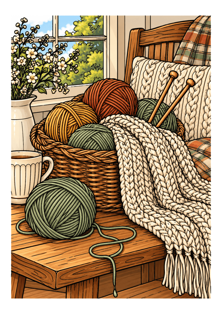 A basket of colorful yarn and knitting needles sits beside a cream knitted blanket in a cozy room.
