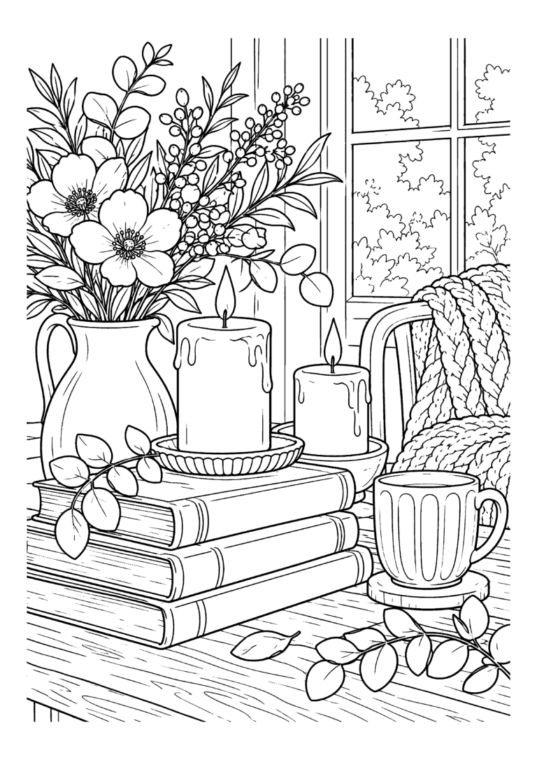 Black-and-white coloring page of a vase of flowers and candles standing on stacked books beside a window.