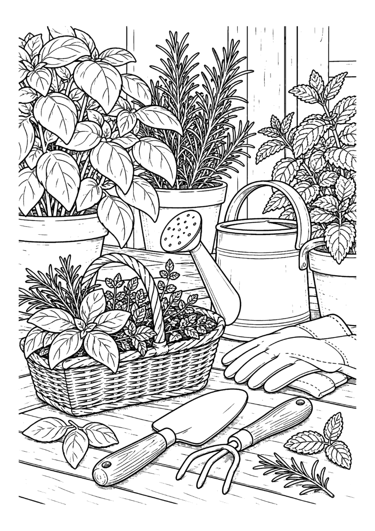 Black-and-white coloring page of a watering can, potted herbs, garden gloves and hand tools on a workbench.