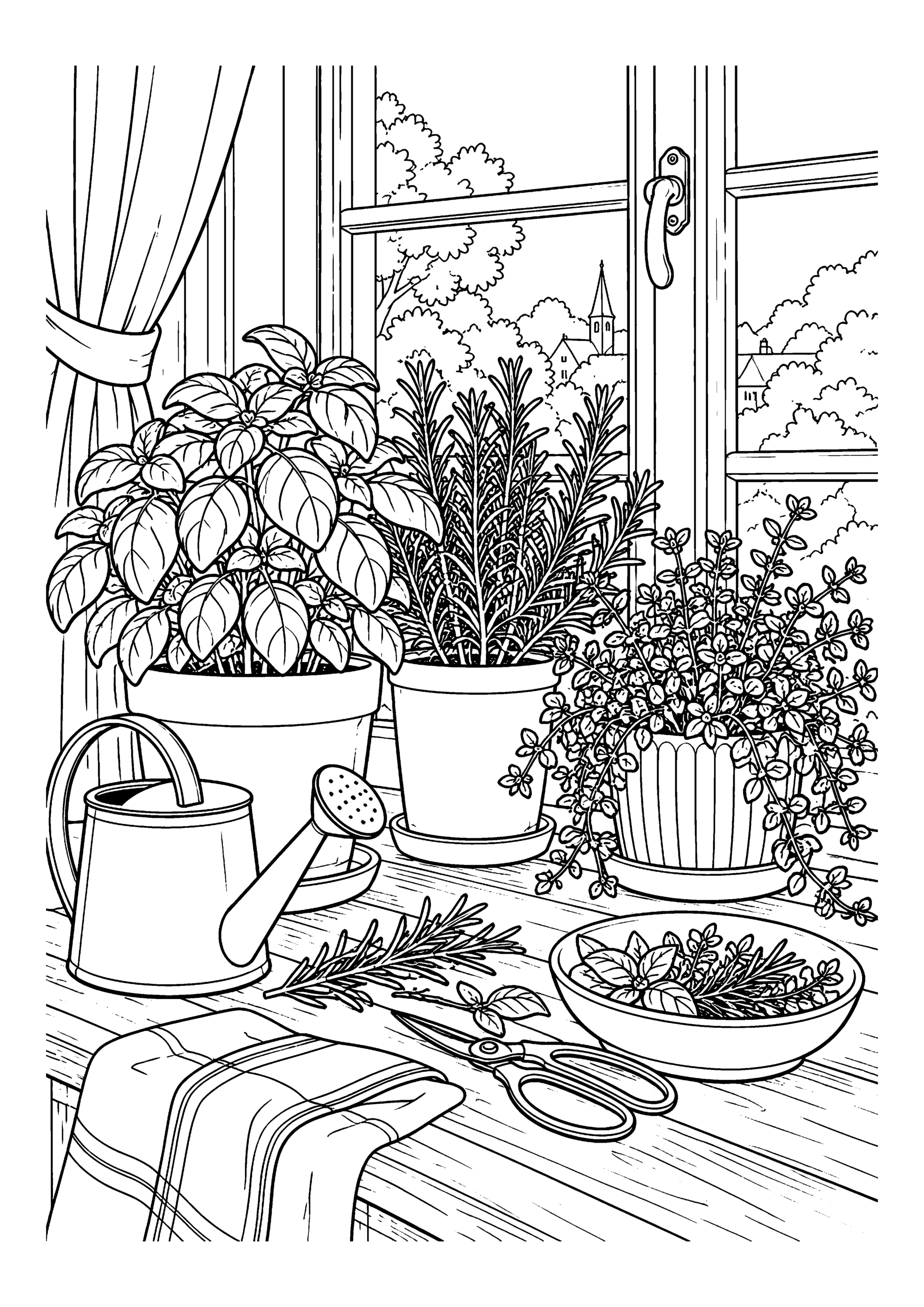 Black-and-white coloring page of potted herbs, gardening tools and a watering can beside a sunny window.