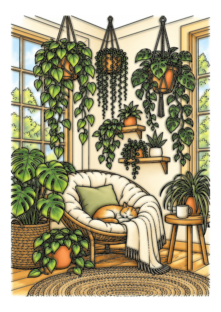 Trailing houseplants hang above a cream chair and woven rug in a light-filled corner.