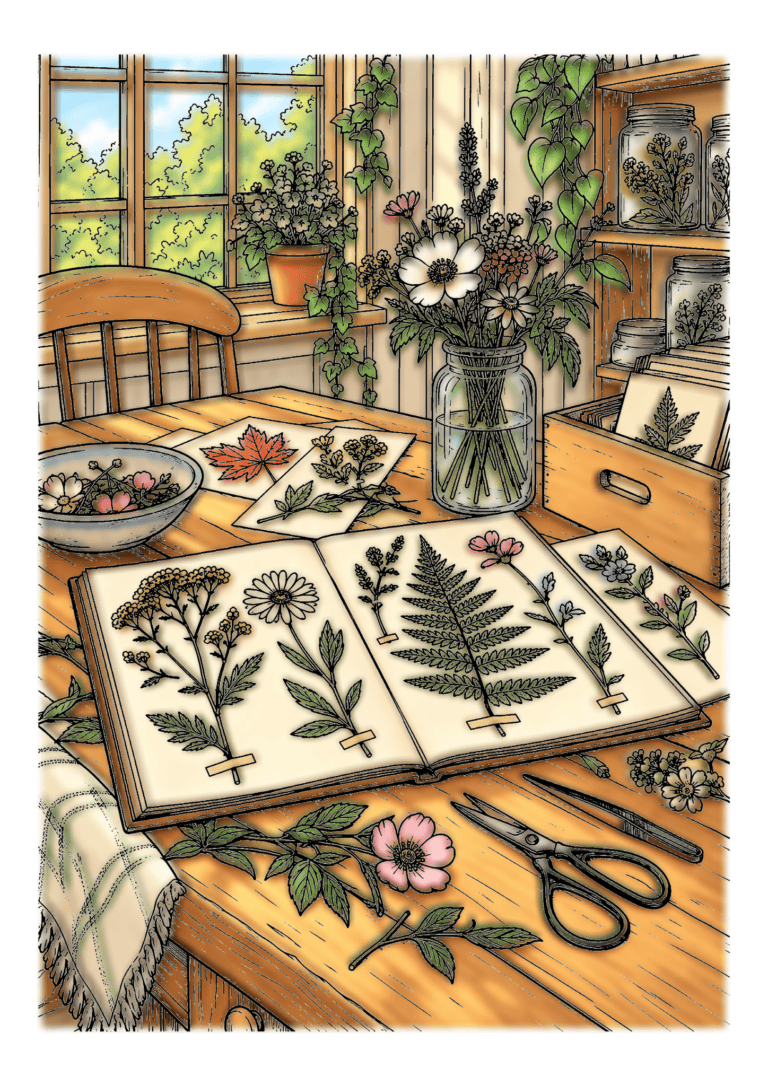 An open herbarium of pressed flowers sits with loose blooms, scissors, and a vase on a wooden table.