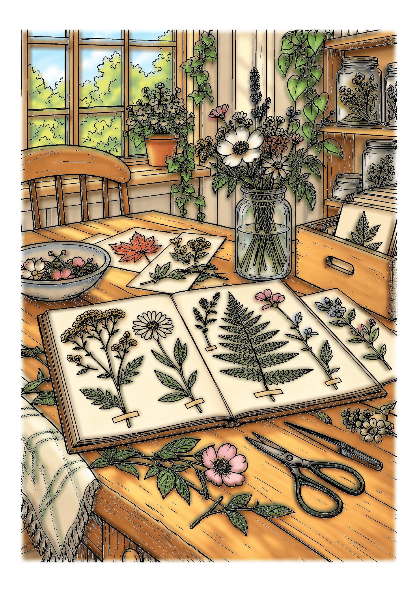 An open herbarium of pressed flowers sits with loose blooms, scissors, and a vase on a wooden table.