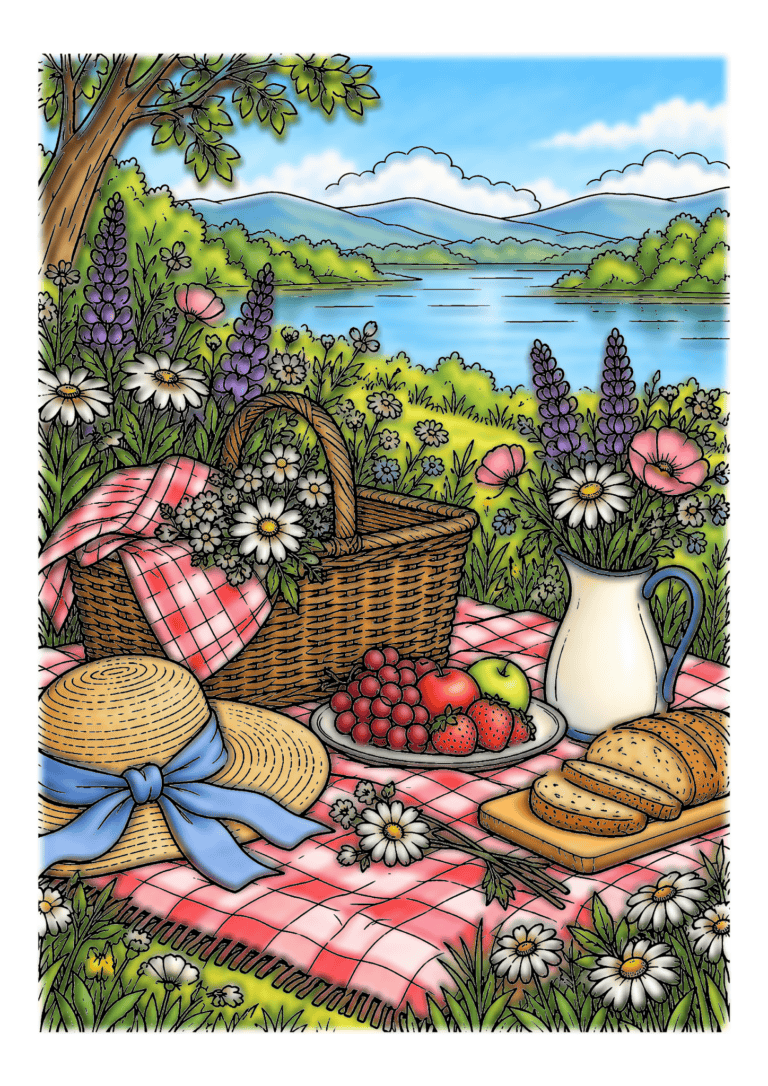 A wicker picnic basket, straw hat, fruit, bread, and flower vase sit on a checked blanket by a lake.