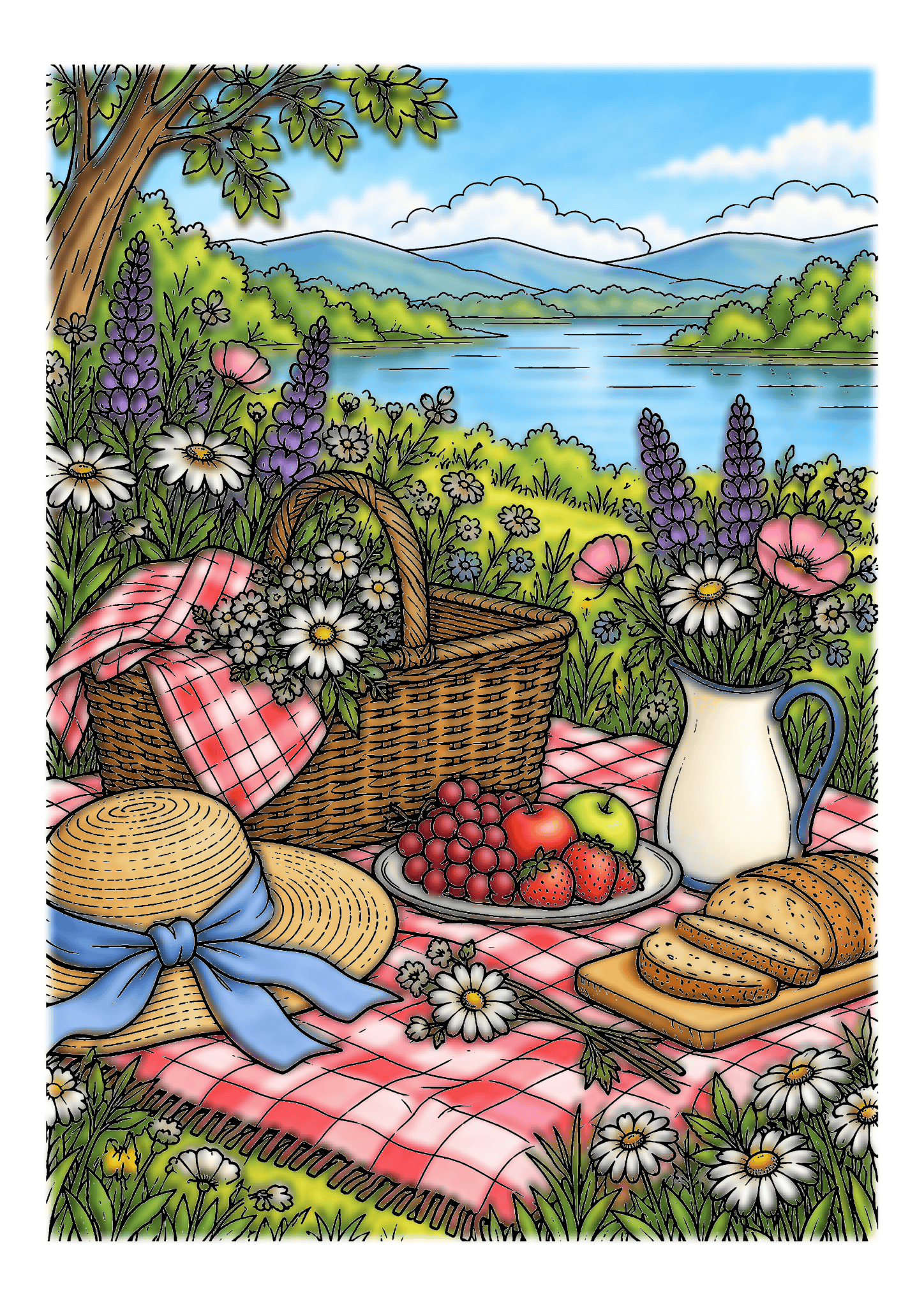A wicker picnic basket, straw hat, fruit, bread, and flower vase sit on a checked blanket by a lake.