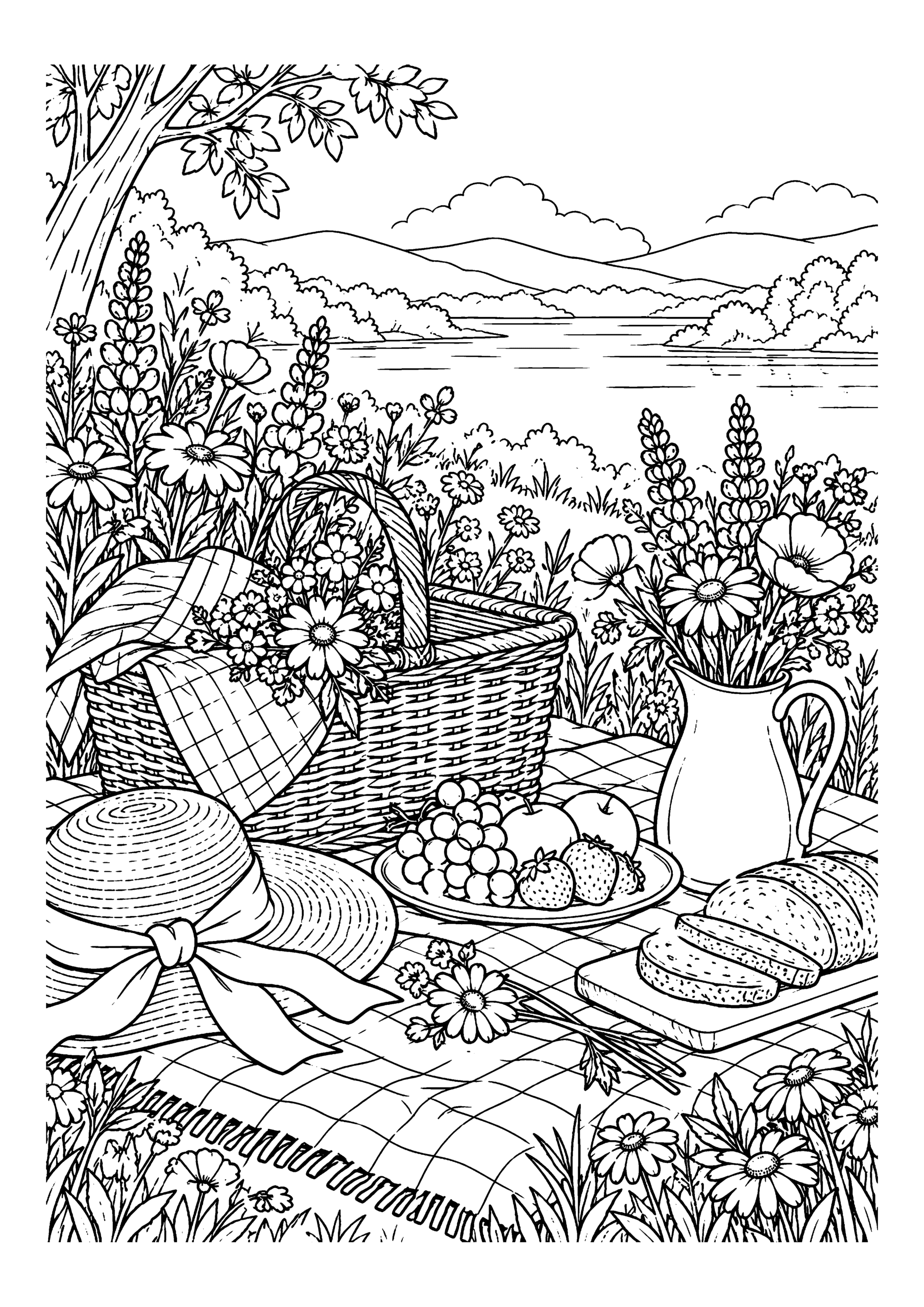 Black-and-white coloring page of a picnic basket, sandwiches and a blanket beside a meadow of wildflowers.