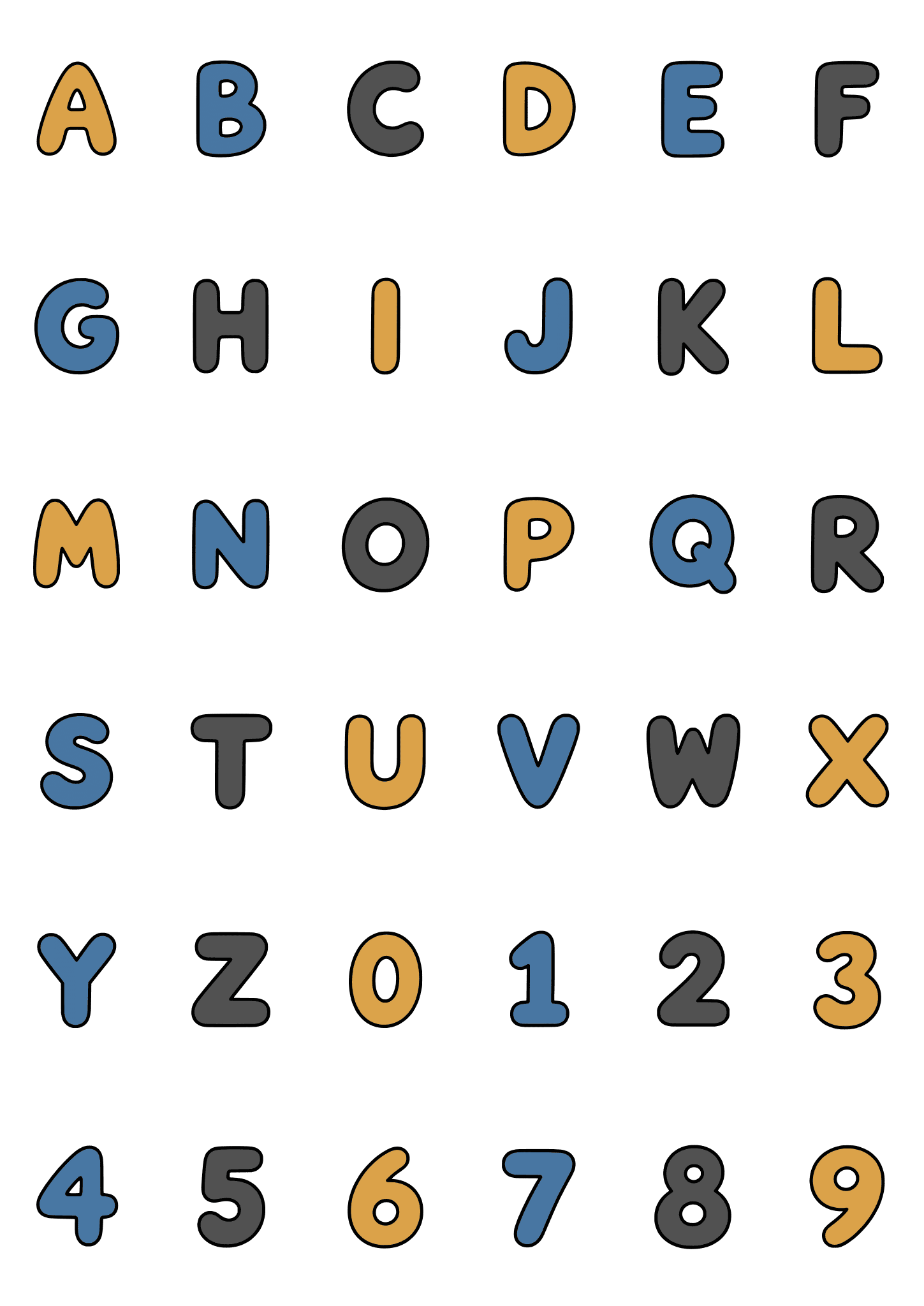 Colored example of the letter and number tiny tattoo sheet, with 36 motifs in six rows and a palette of blue, ochre, charcoal.