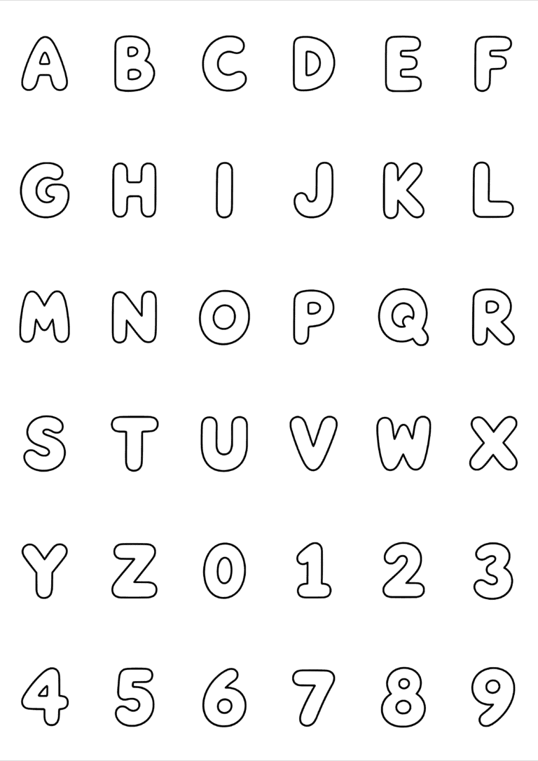 Black-and-white coloring and tiny tattoo sheet with 36 separate designs: the letters A to Z followed by digits 0 to 9, each as its own outlined design.