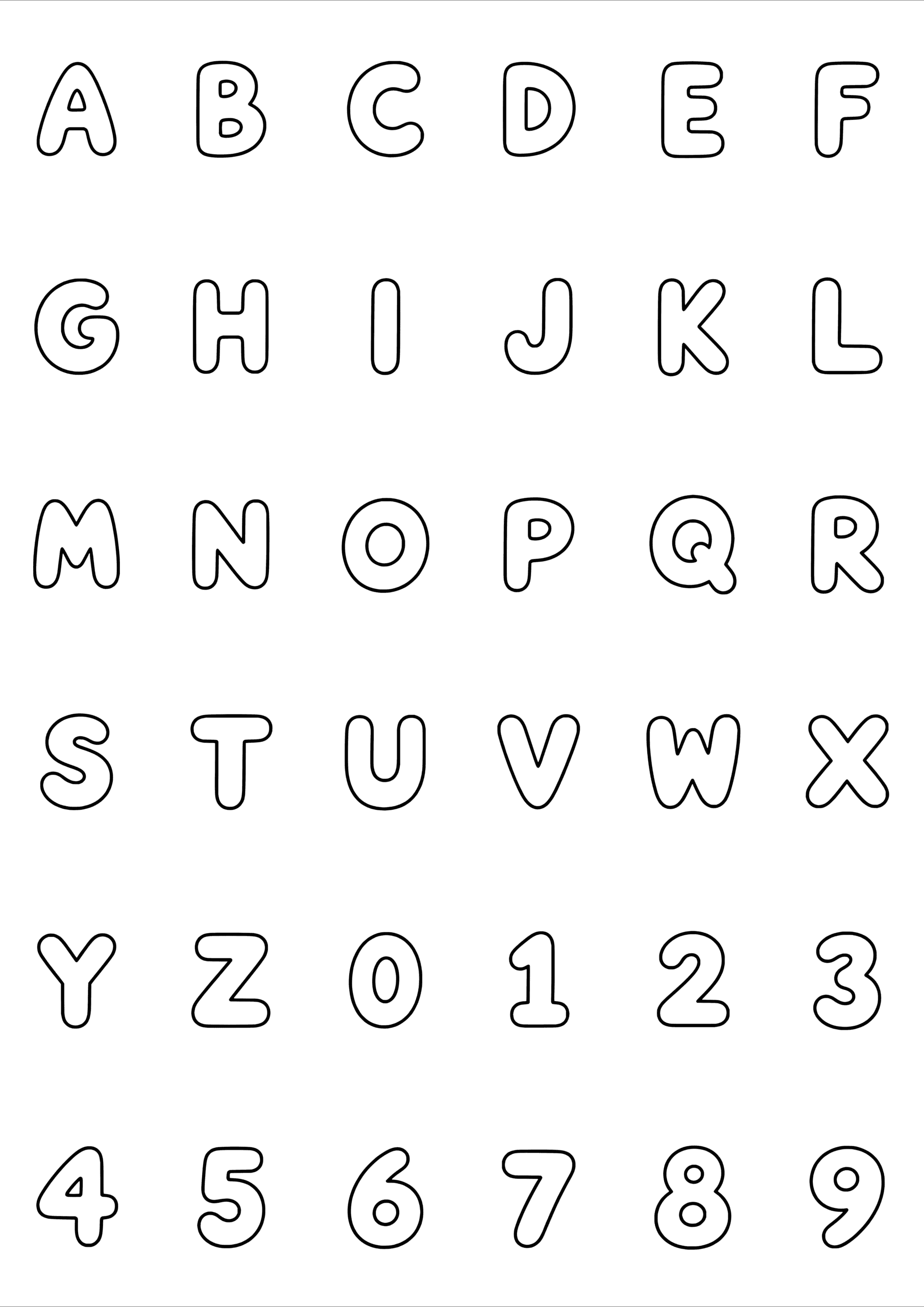 Black-and-white coloring and tiny tattoo sheet with 36 separate designs: the letters A to Z followed by digits 0 to 9, each as its own outlined design.