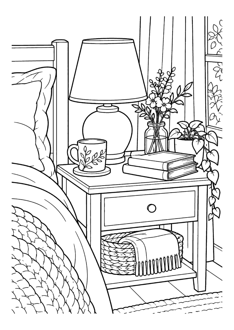 Black-and-white coloring page of a bedside table with a lamp, stacked books, a clock and flowers.