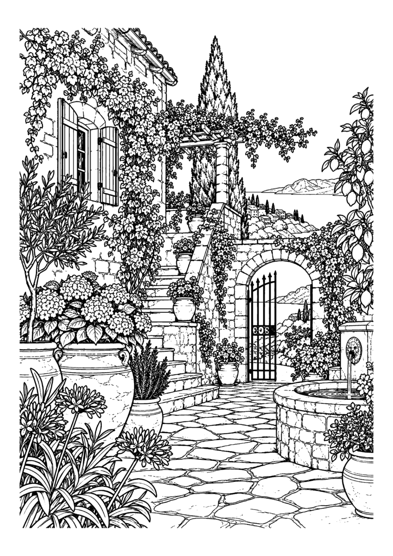 Black-and-white coloring page featuring a Mediterranean courtyard with pots, climbing plants and stone walls.