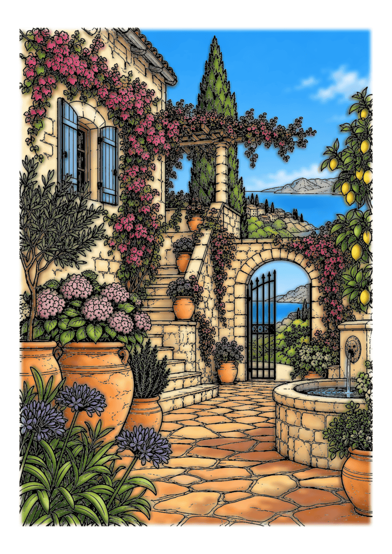 Sunlit stone steps and a tiled courtyard lead past flowerpots, flowering vines, and a small fountain.