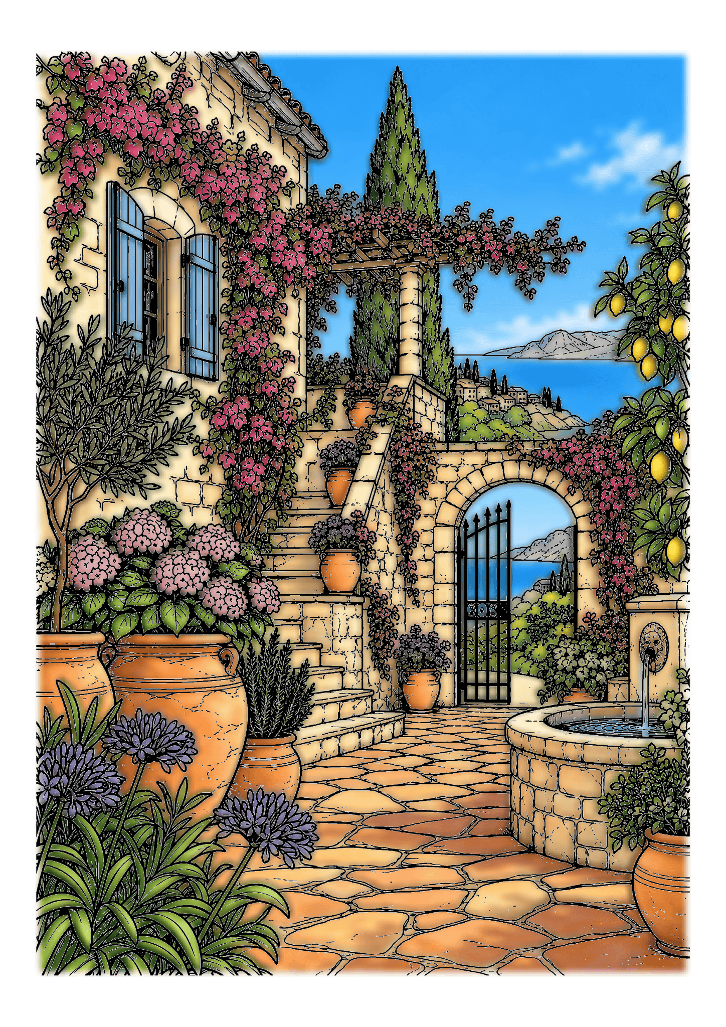 Sunlit stone steps and a tiled courtyard lead past flowerpots, flowering vines, and a small fountain.