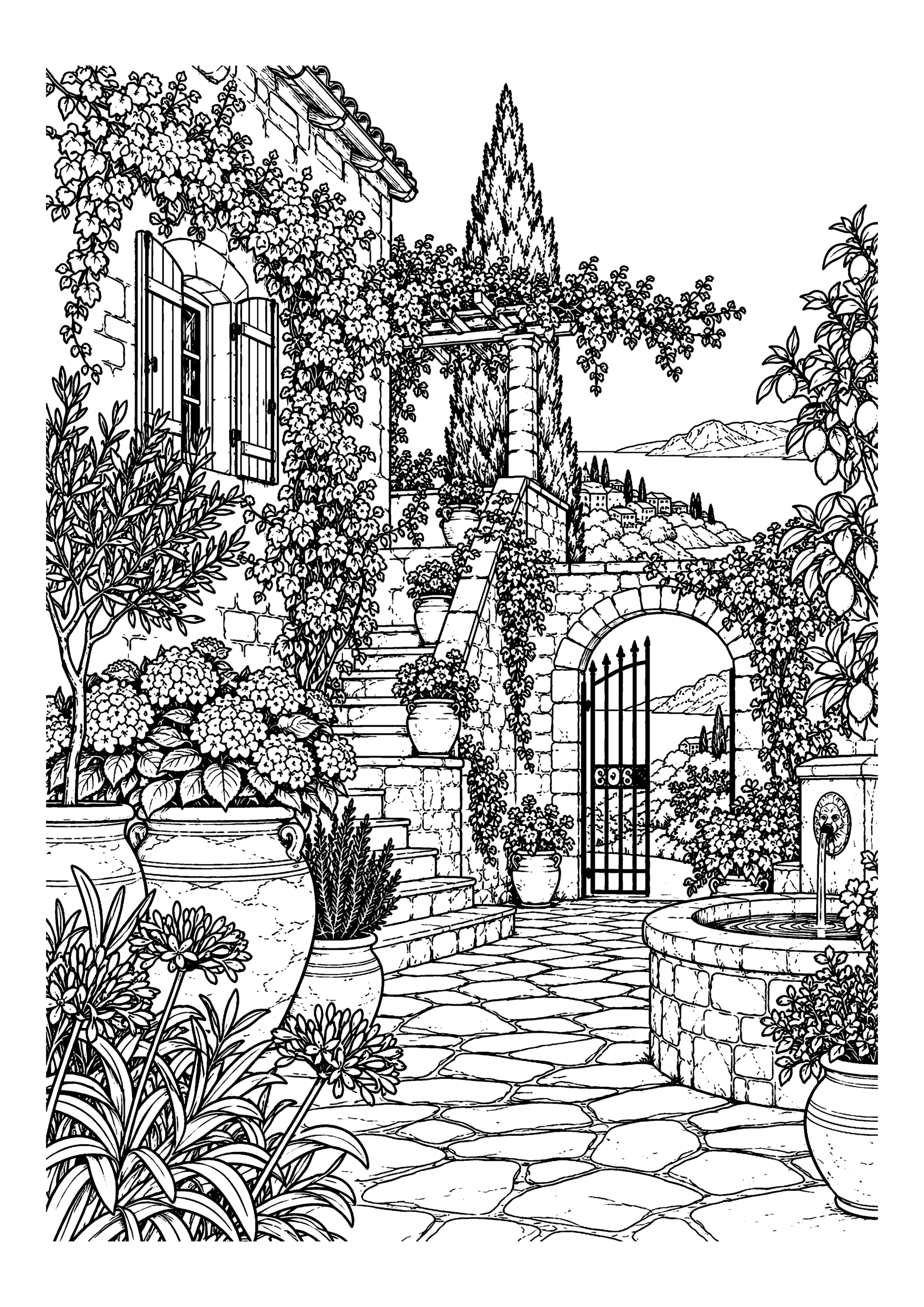 Black-and-white coloring page featuring a Mediterranean courtyard with pots, climbing plants and stone walls.