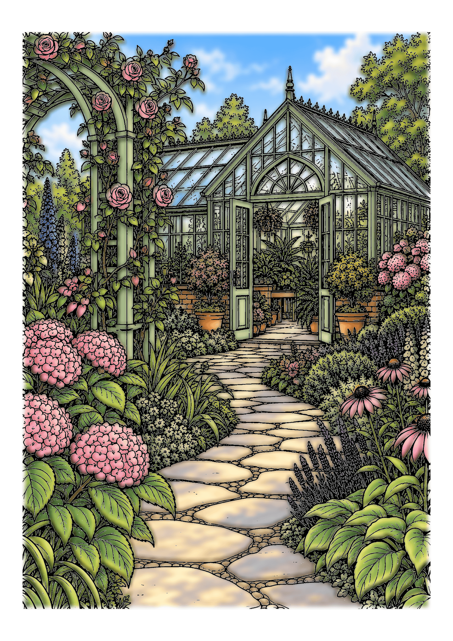A pale stone path winds through flowers and shrubs toward a glass greenhouse in a sunny garden.