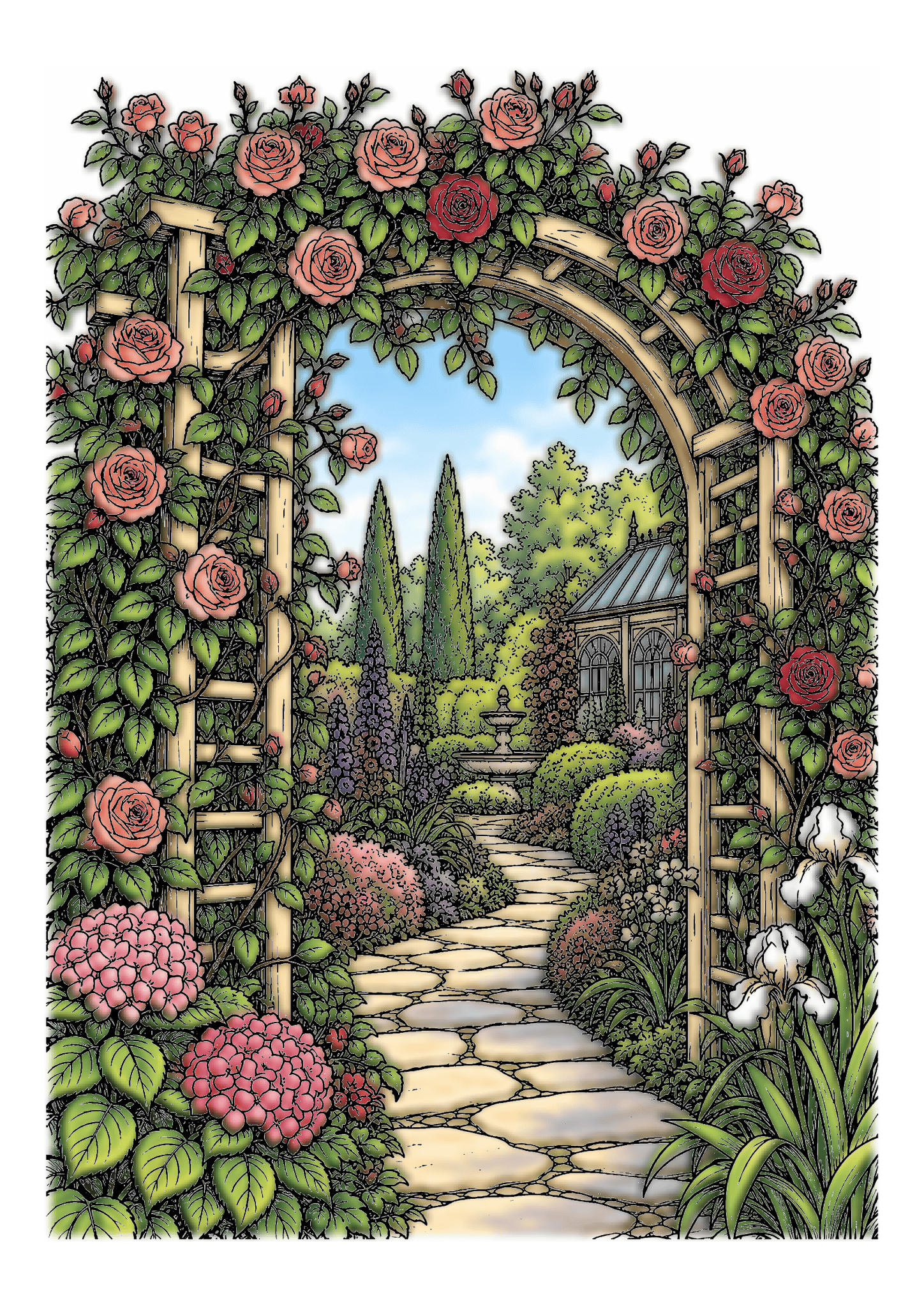 Pink and coral roses cover a wooden arbor above a stone path leading into a garden.