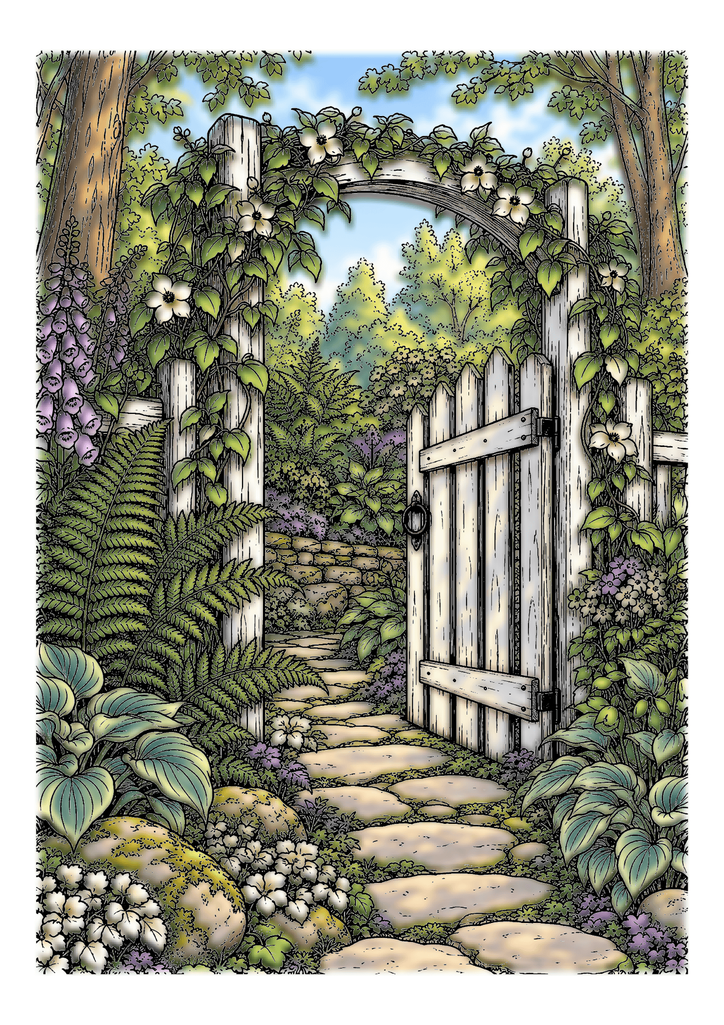 An open white gate beneath a vine-covered arch leads along a stone path through ferns and flowers.