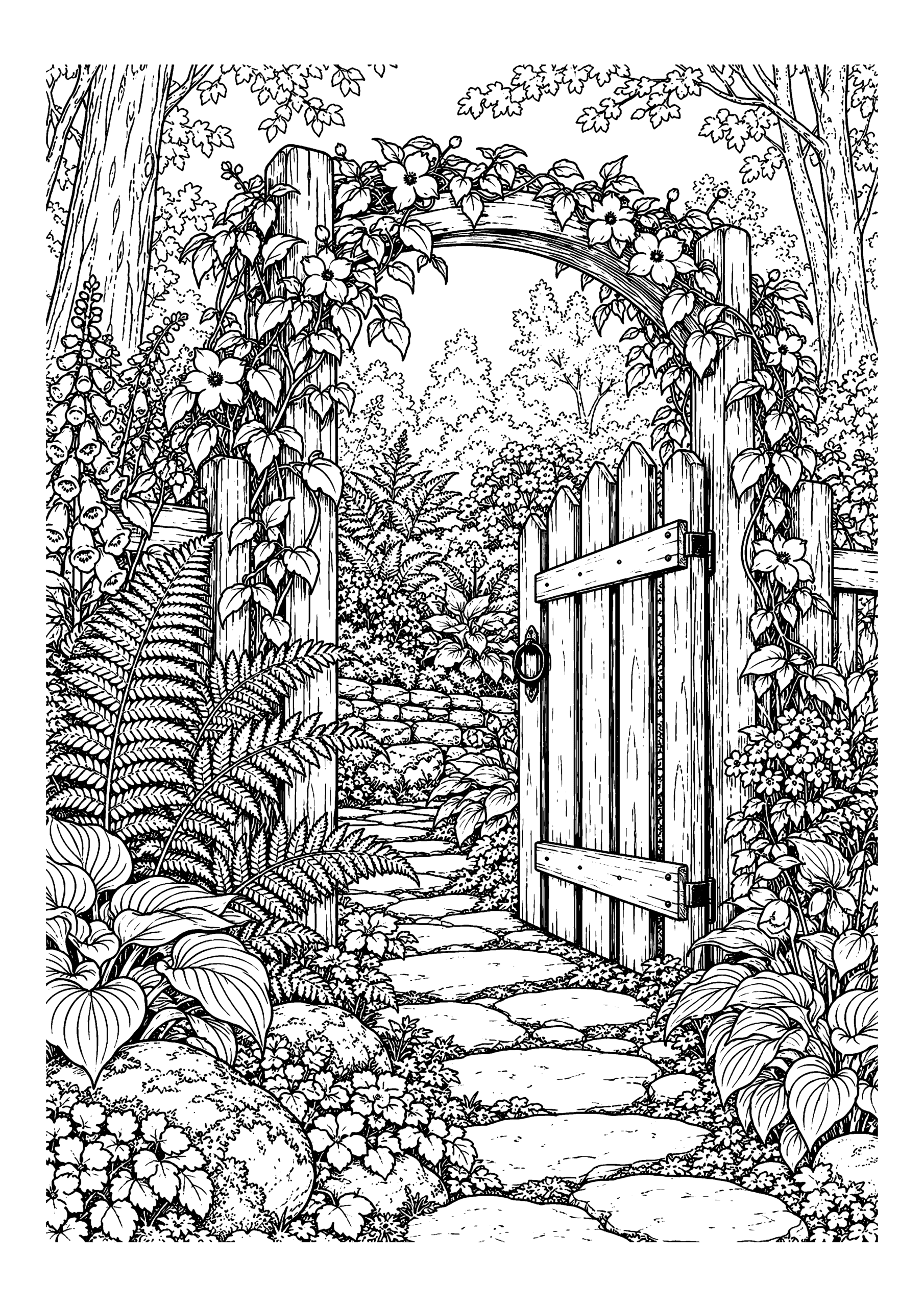 Black-and-white coloring page of a small wooden gate covered in flowering vines along a forest path.